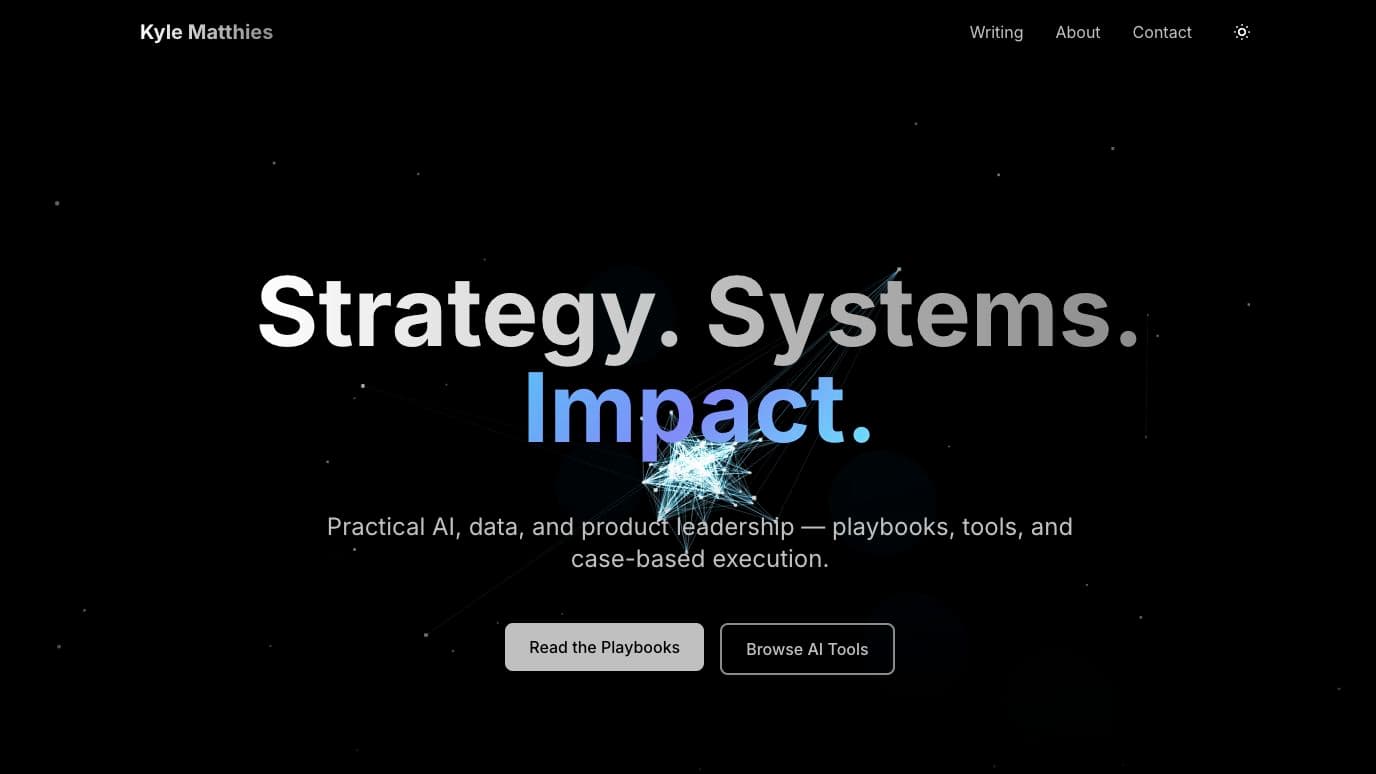 The 3D homepage hero with Strategy, Systems, Impact over a network graphic