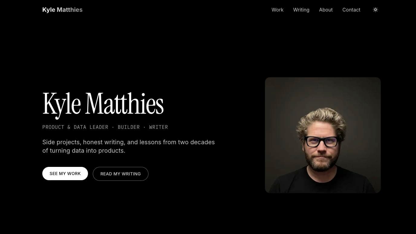 The person-first homepage with Kyle’s portrait beside the main introduction